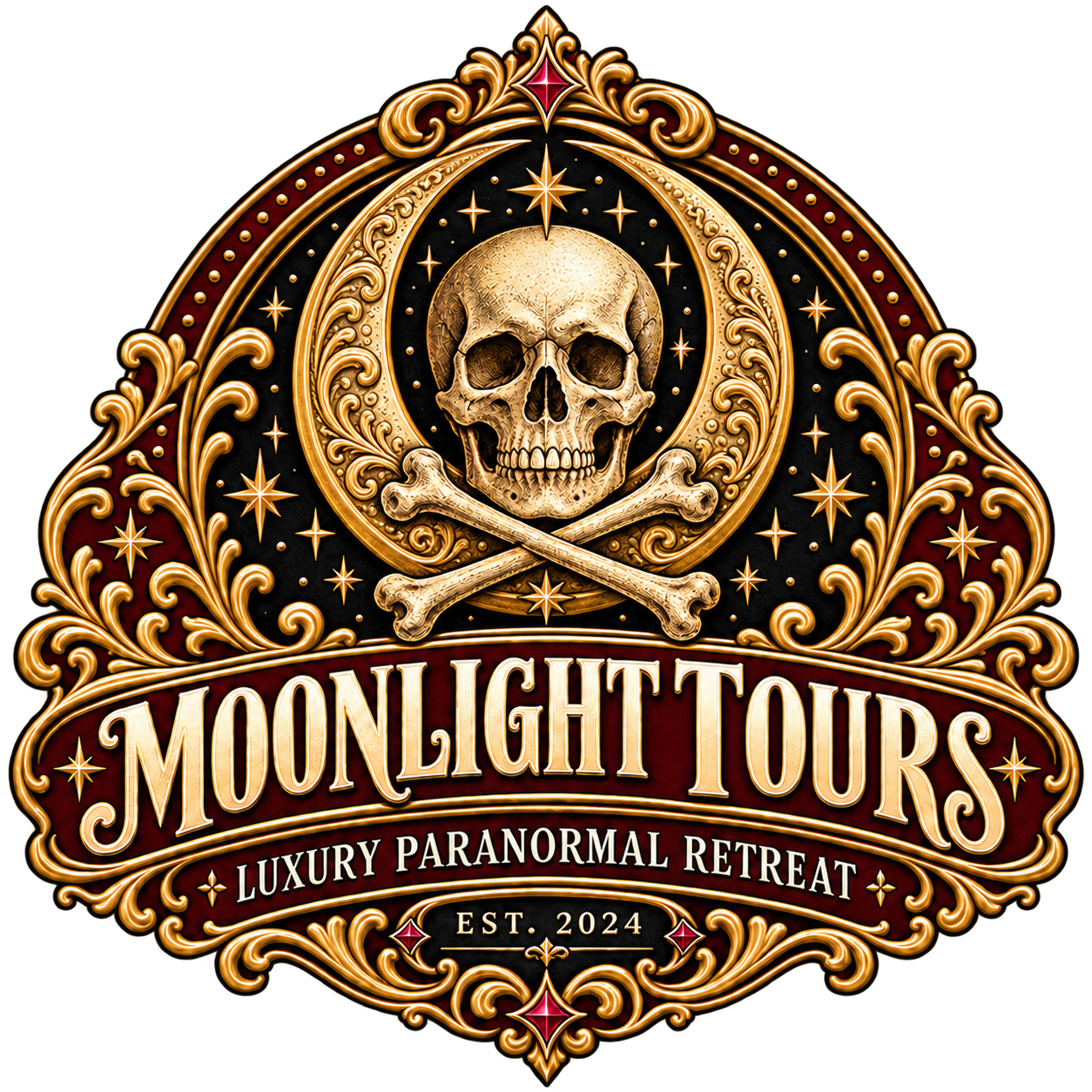 Moonlight Tours Luxury Paranormal Retreat crest with a skull and crossed bones