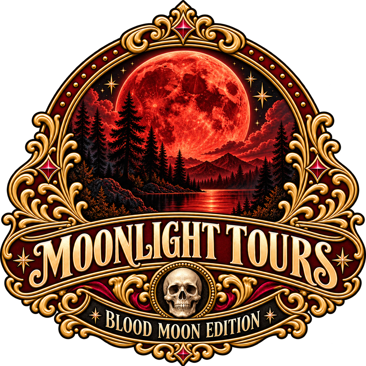 Moonlight Tours Blood Moon Edition crest with a glowing red moon over the Sierra.