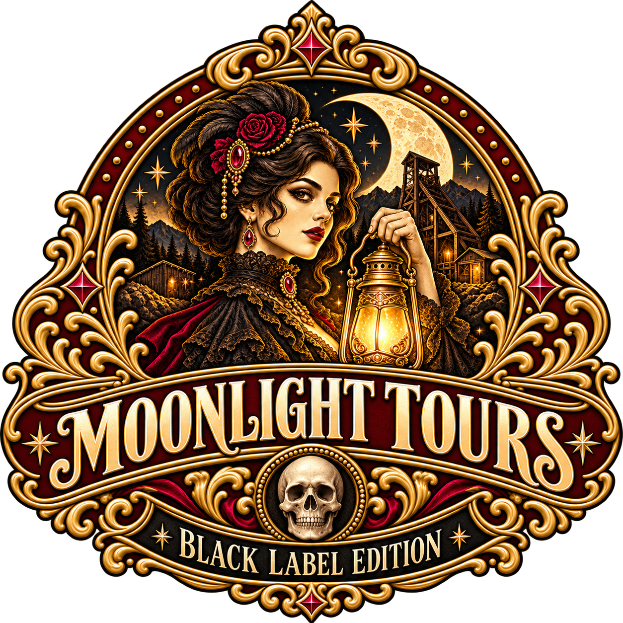Moonlight Tours Black Label Edition crest featuring a Gold Country prospector.
