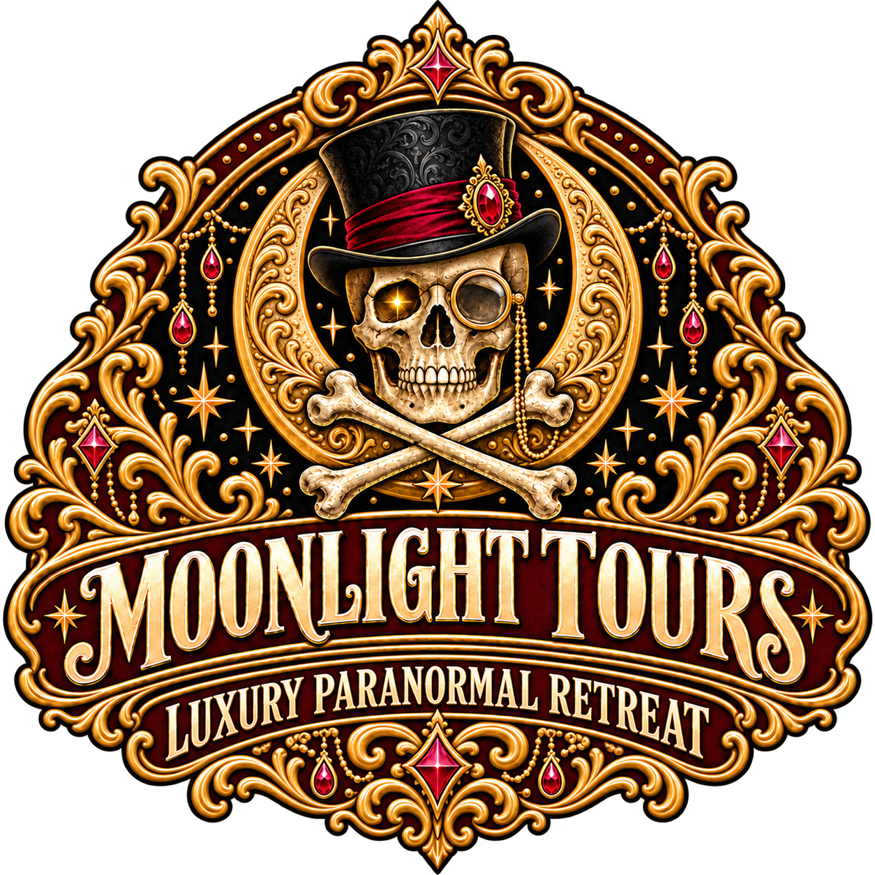 Moonlight Tours Luxury Paranormal Retreat crest with a skull in a top hat.